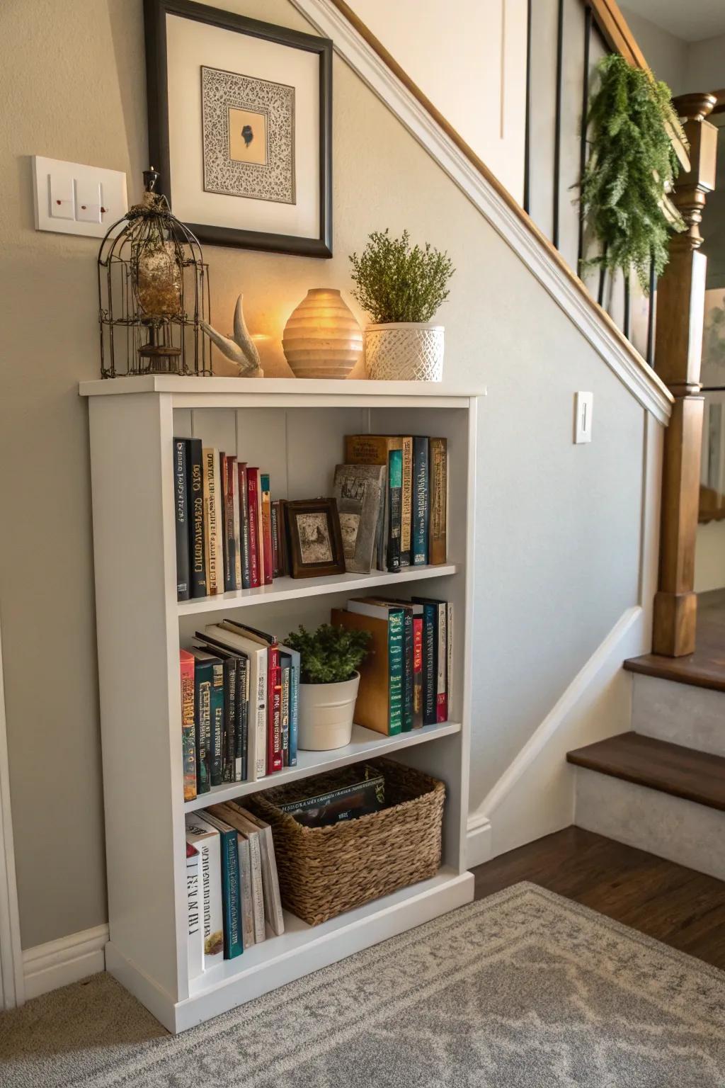 A bookcase heightens individuality and storage to the entryway.