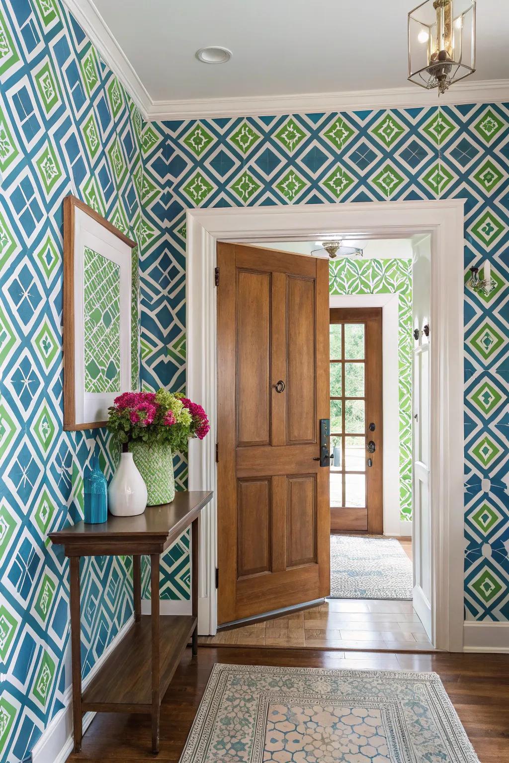 Wall covering transforms and enlivens the entryway.