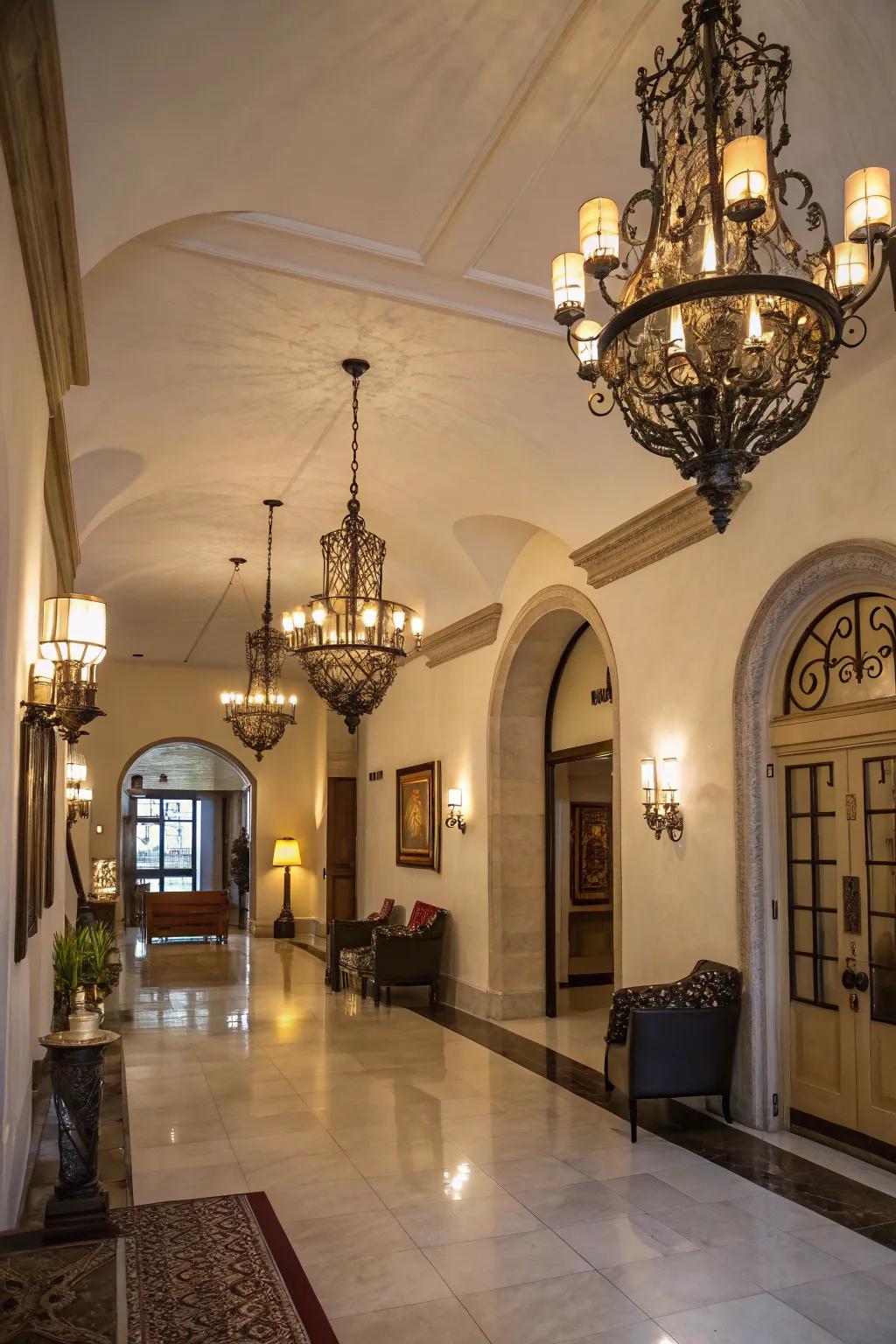 Vintage lighting fixtures add nostalgia and charm to this modern entryway.