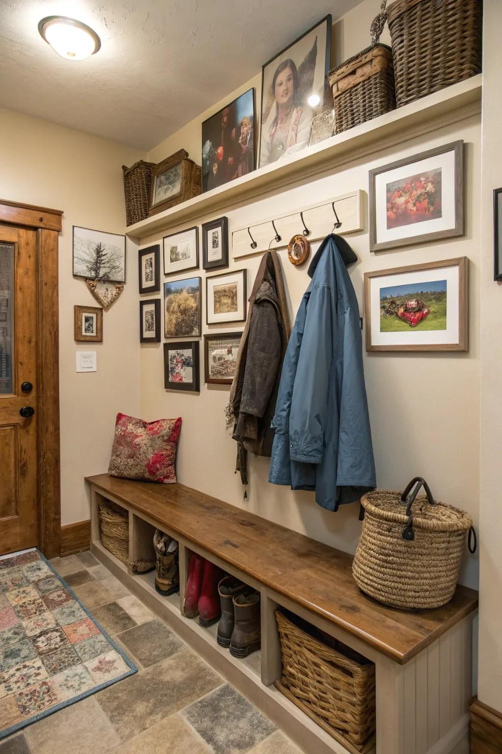 Personal touches make this mudroom uniquely inviting.