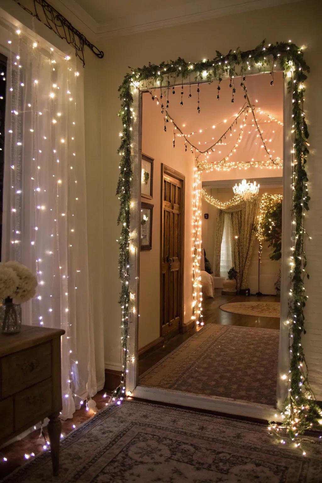 An entryway with string lights that create a whimsical and magical ambiance.