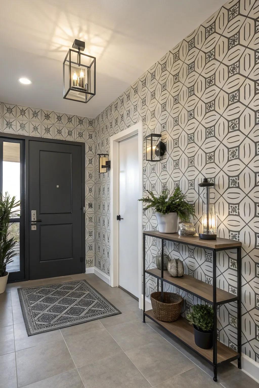 Edgy entryway with industrial wallpaper for an urban vibe.