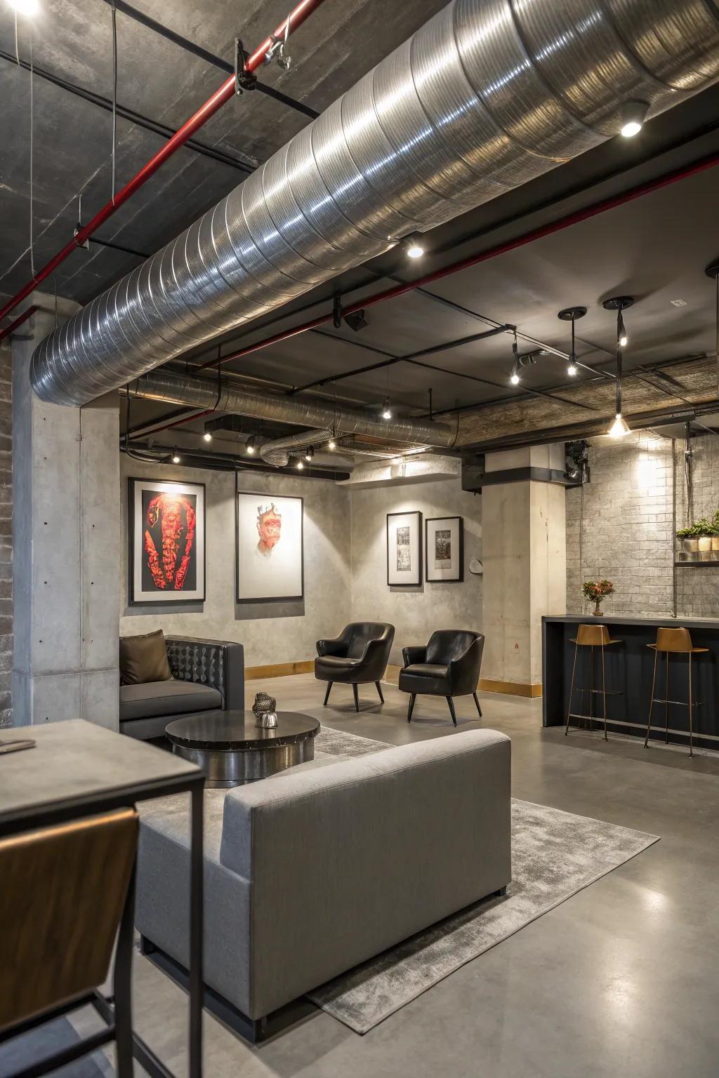 Stylish HVAC accents enhance the industrial aesthetic.