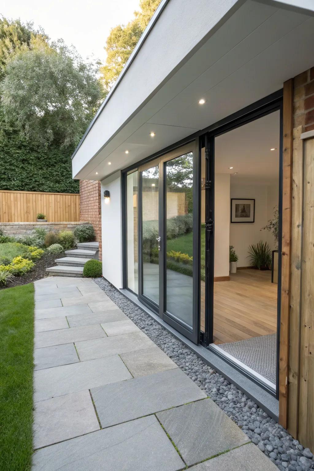 Gliding panels offer a streamlined and modern entrance solution.