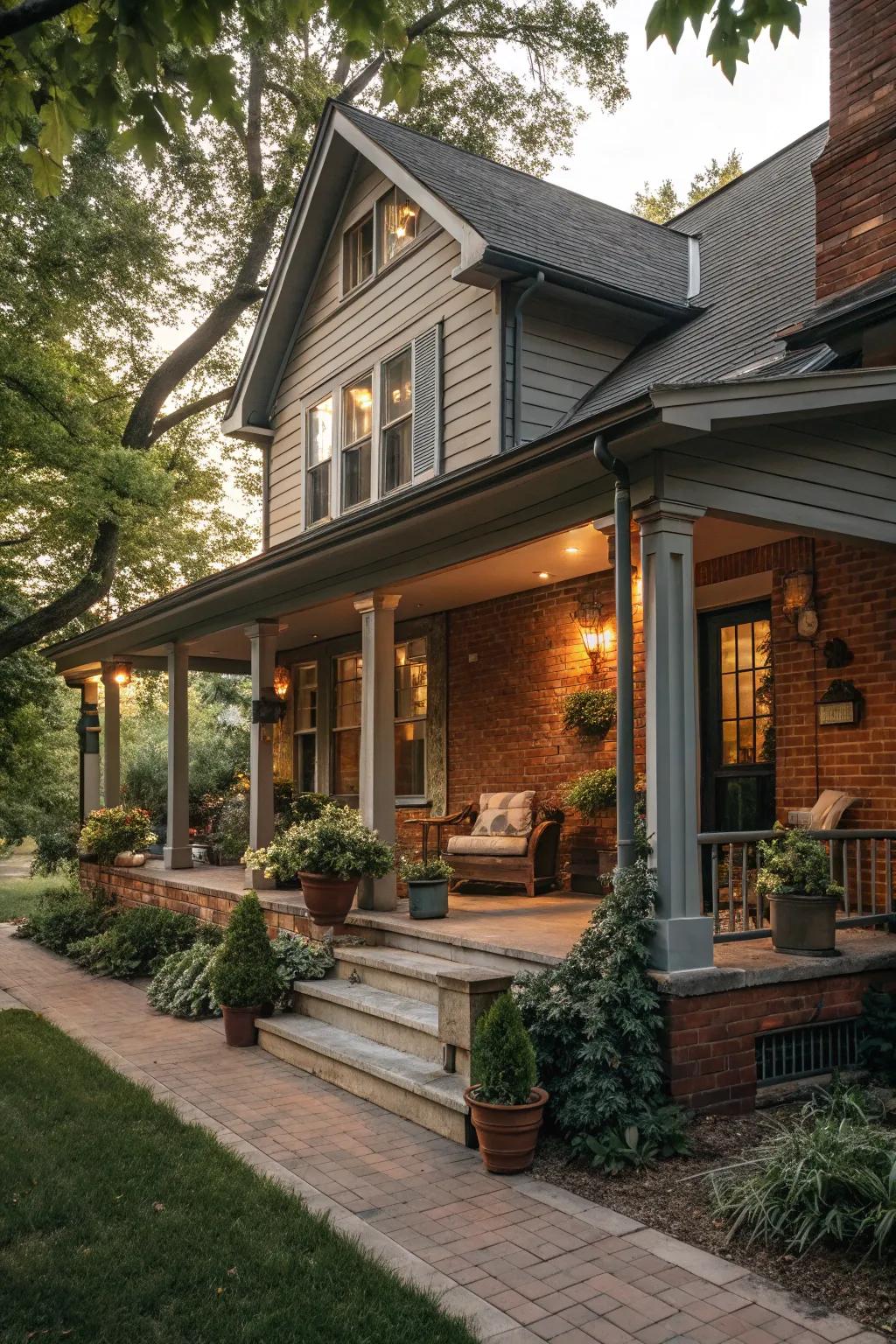 Warm gray and rustic brick for cozy ambiance