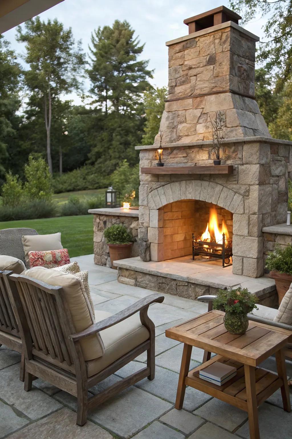 Stone fireplaces evolving into inviting focal points in outdoor spaces.
