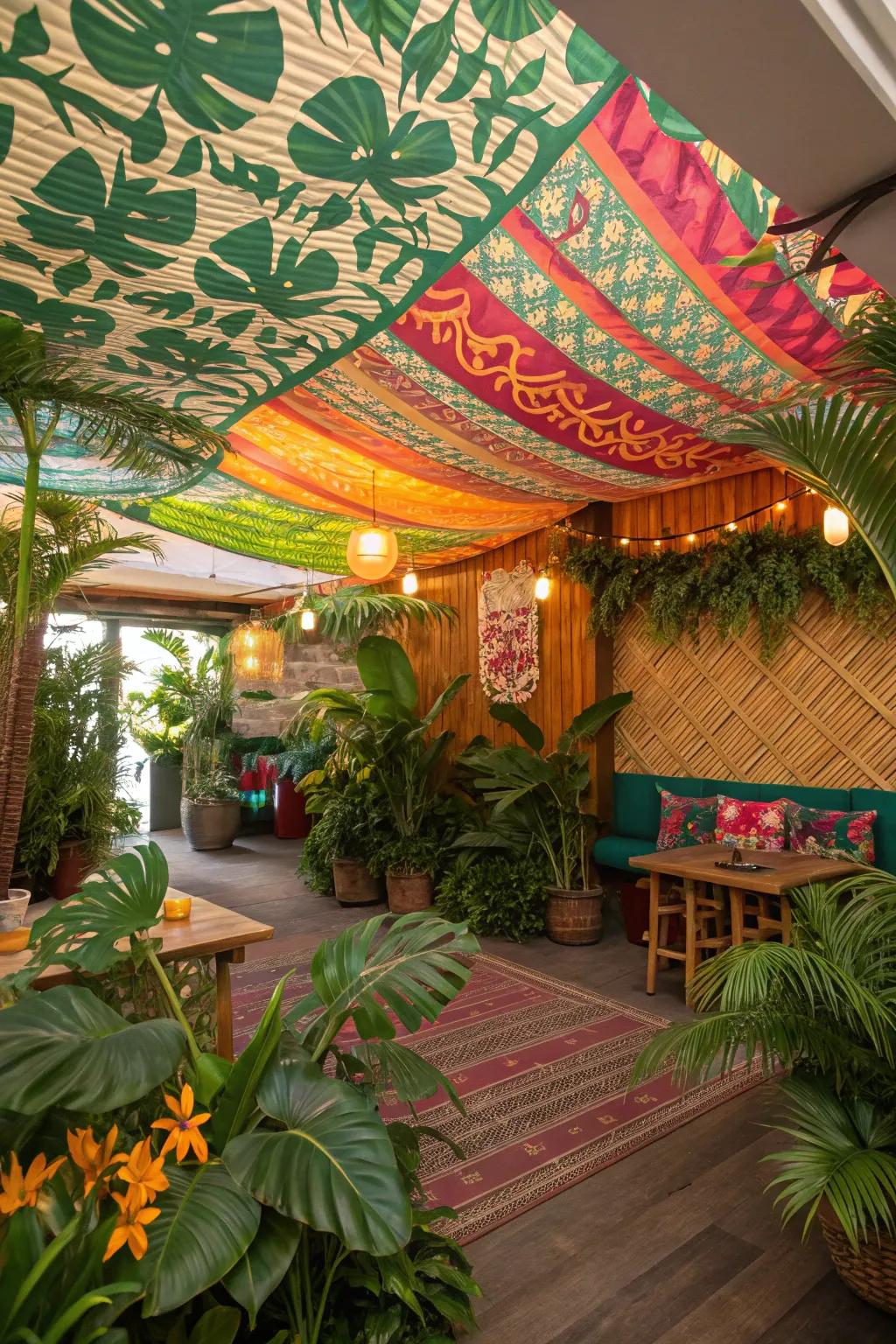 Escape to paradise with exotic fabric ceiling designs.