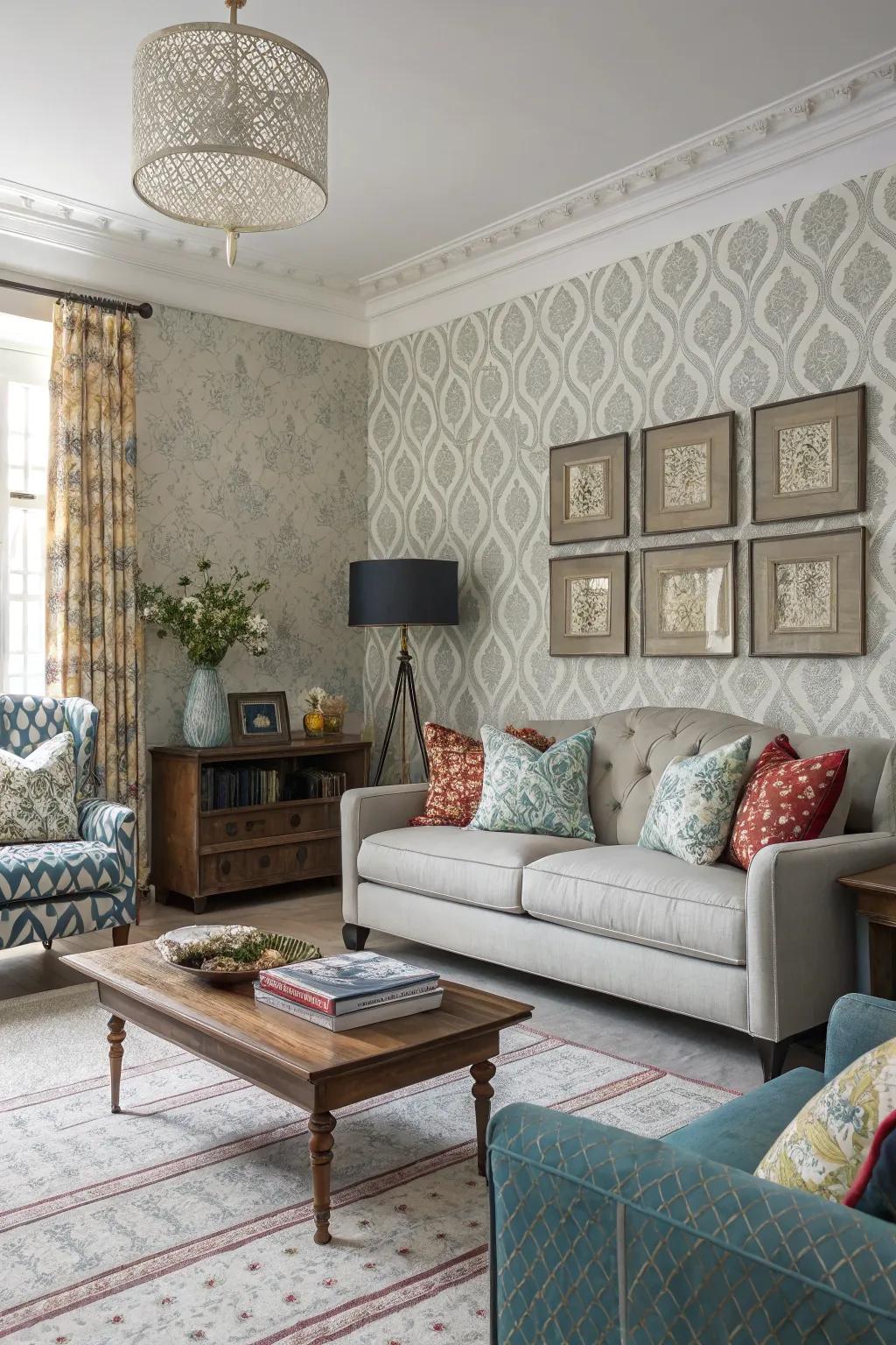 Mixing current and traditional designs in fabric wallpaper creates balance.
