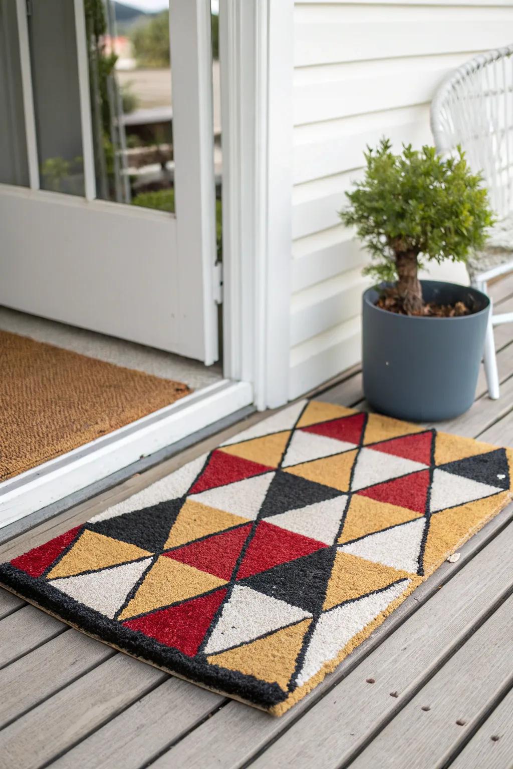 Modern geometric front mat with autumn flair.