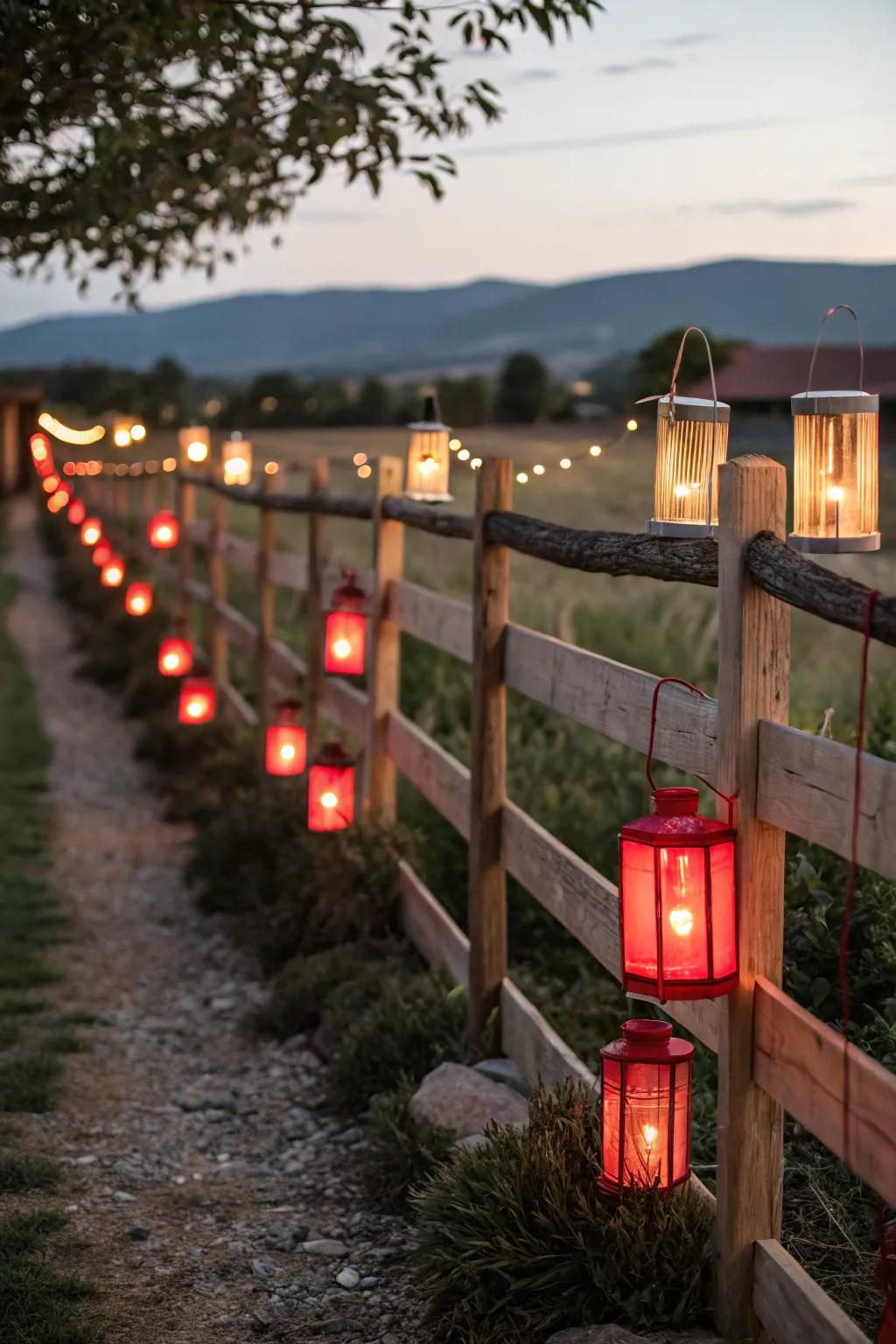Lanternes stuffed with candles emit a tepid glow upon the fence.