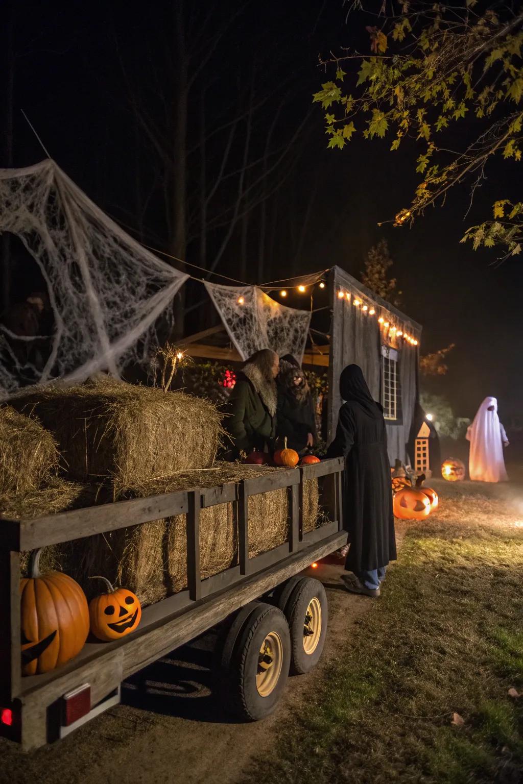 A thrilling haunted hayride experience.