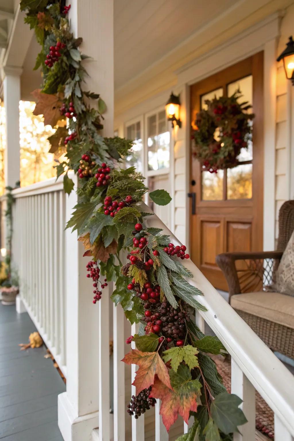 Seasonal ornaments with foliage and fruits impart charm to your veranda aesthetic.