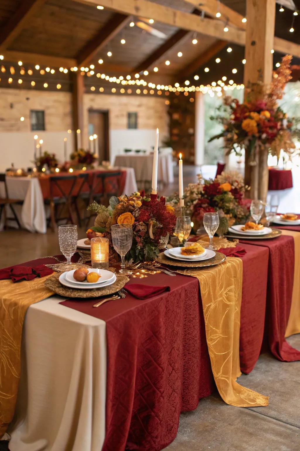 Layered cloths in warm tones enhance the elegance of this fall wedding centerpiece.