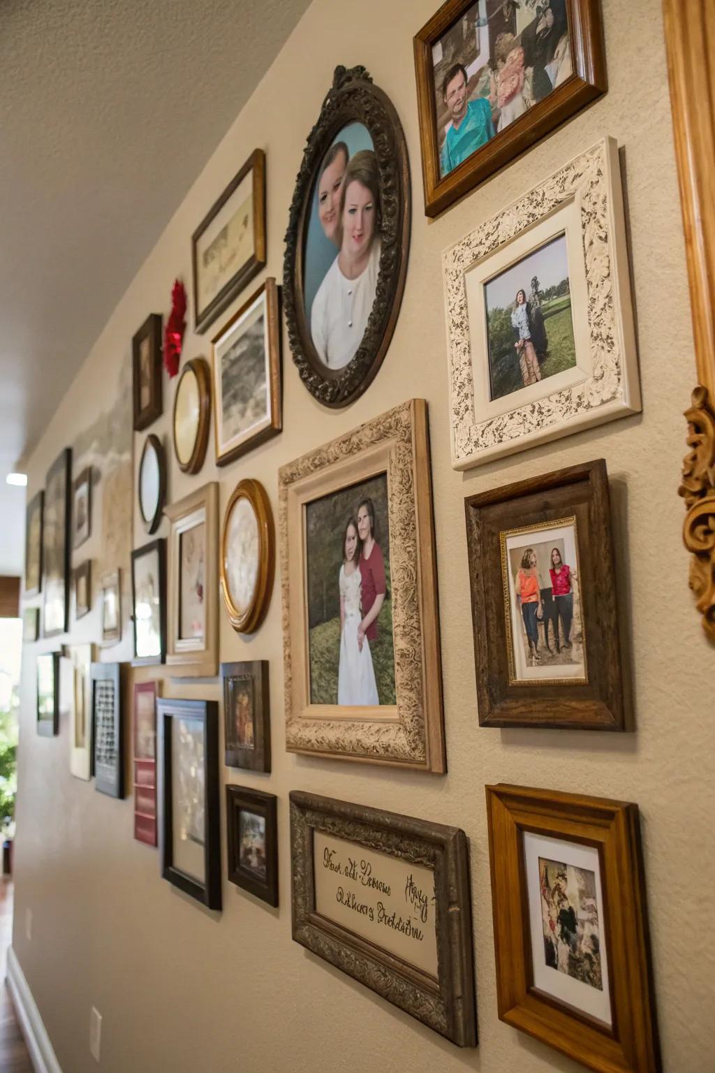 A mix of frames that gives the family wall charm.