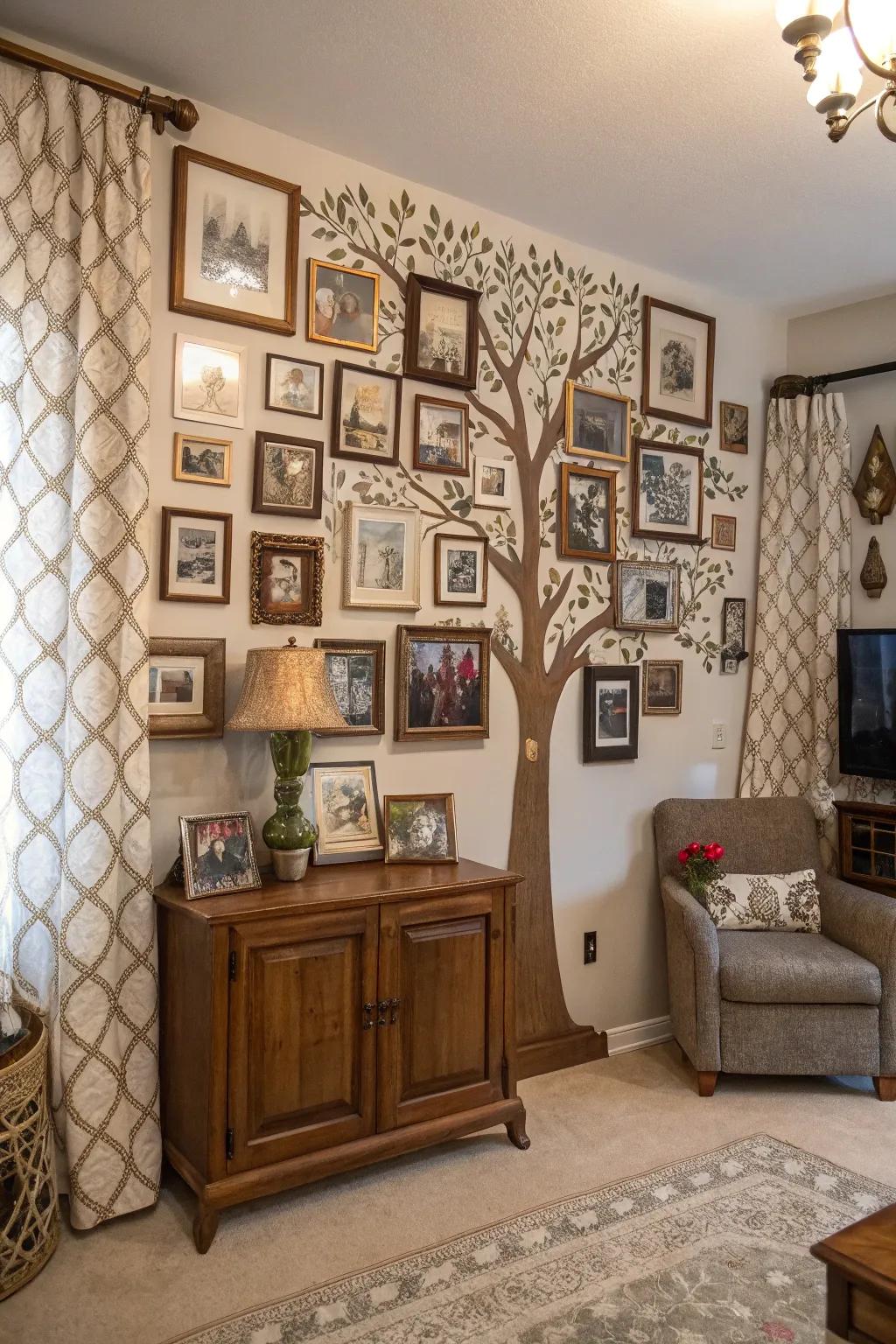 Family tree displays celebrate heritage.