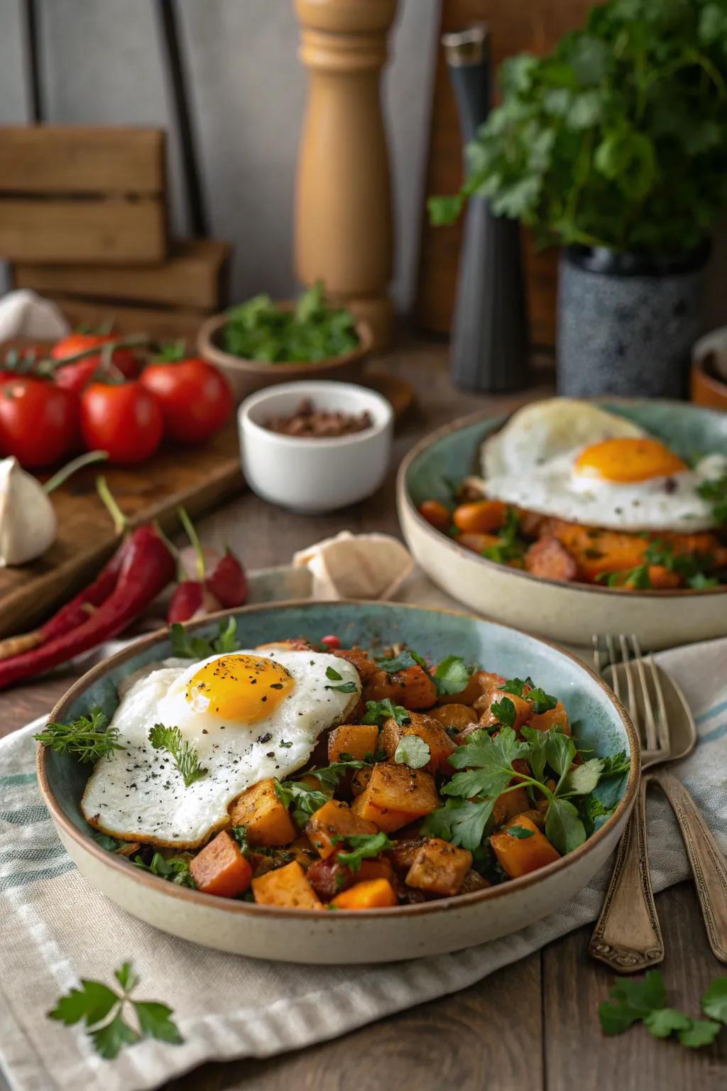 Eggs with sweet potato blend make for a colorful and hearty repast.