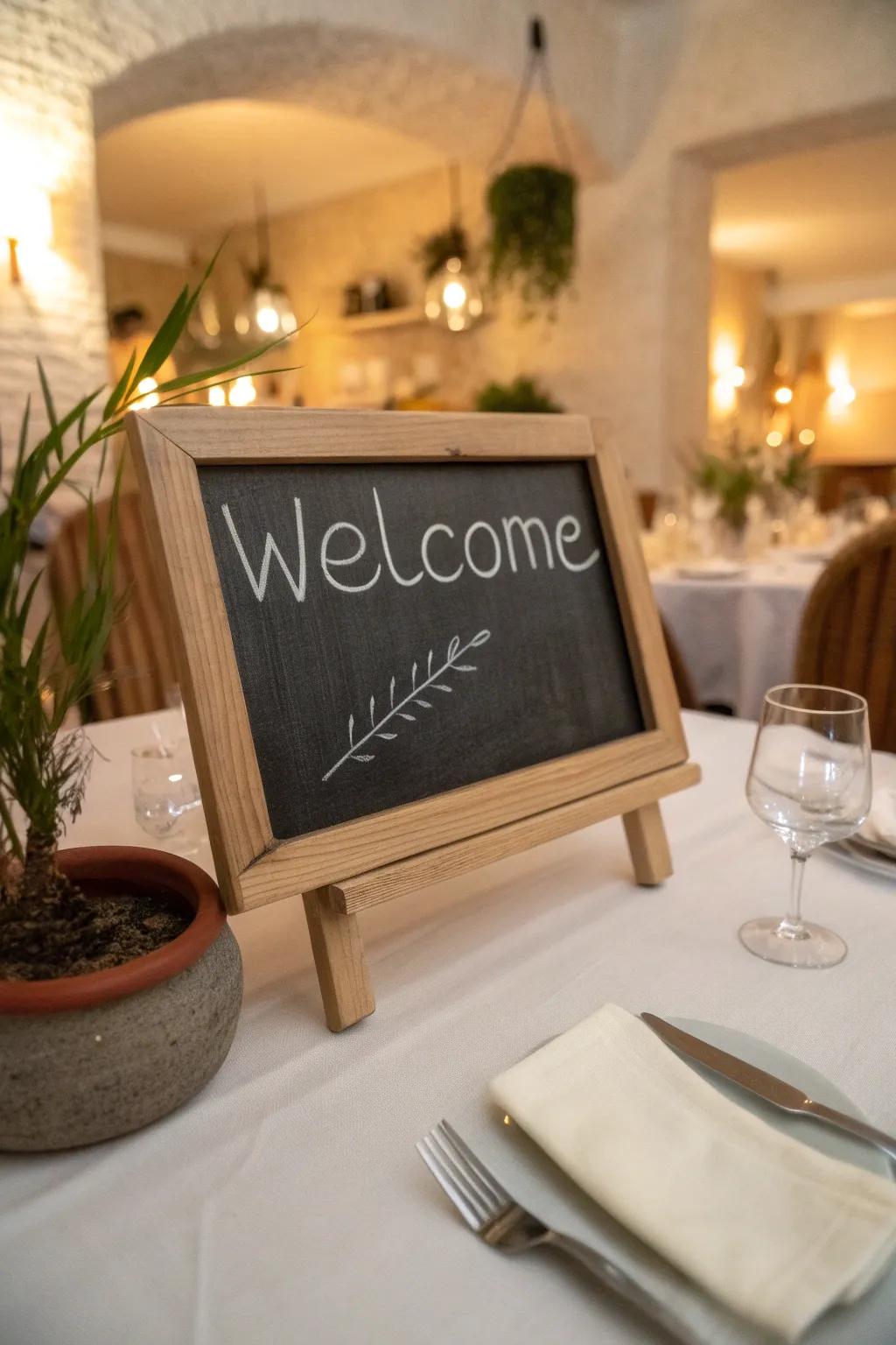 A petite slate board introduces a personal accent with a welcoming sentiment.