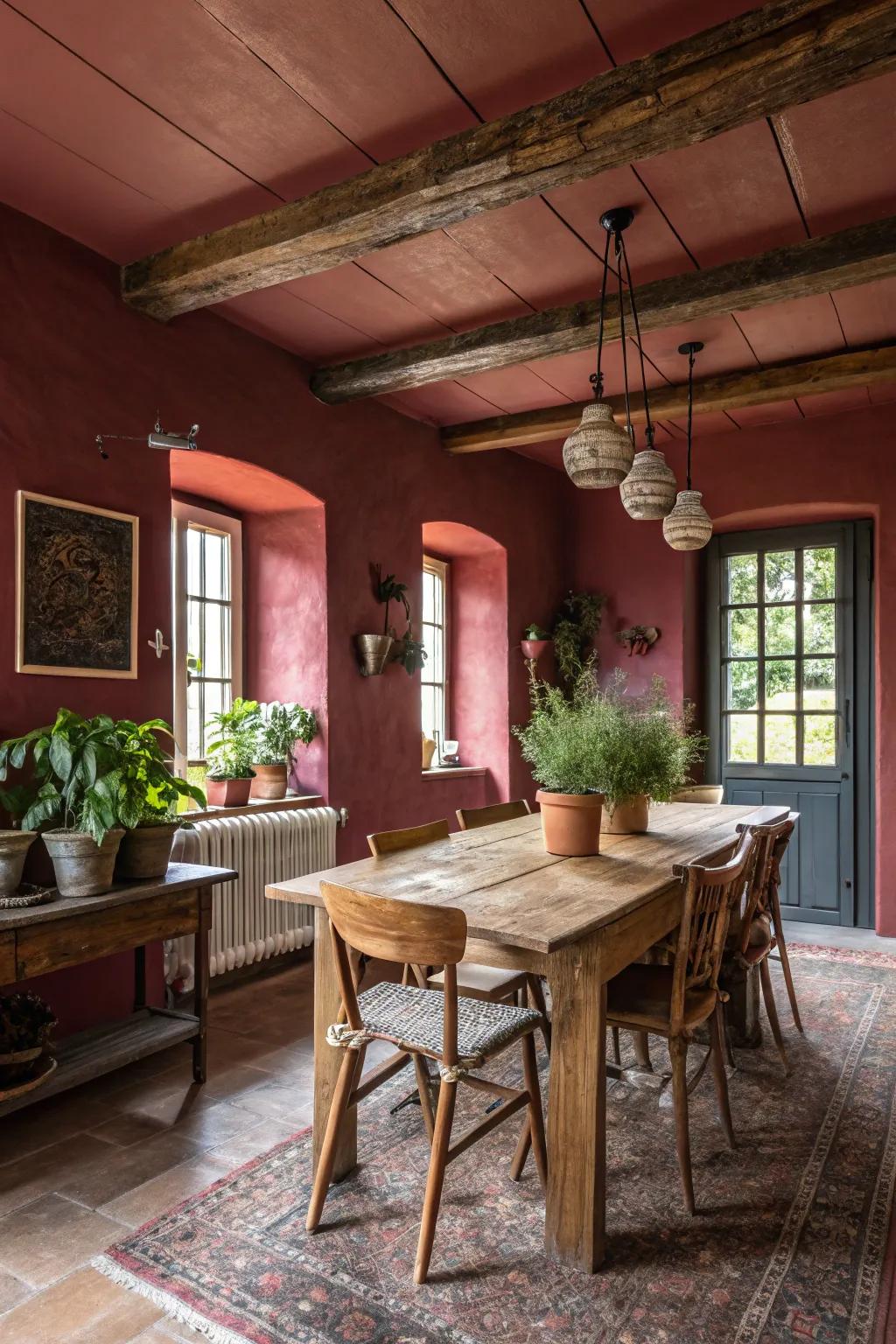 Hue immersion conjures a dramatic spectacle in this farmhouse dining space.