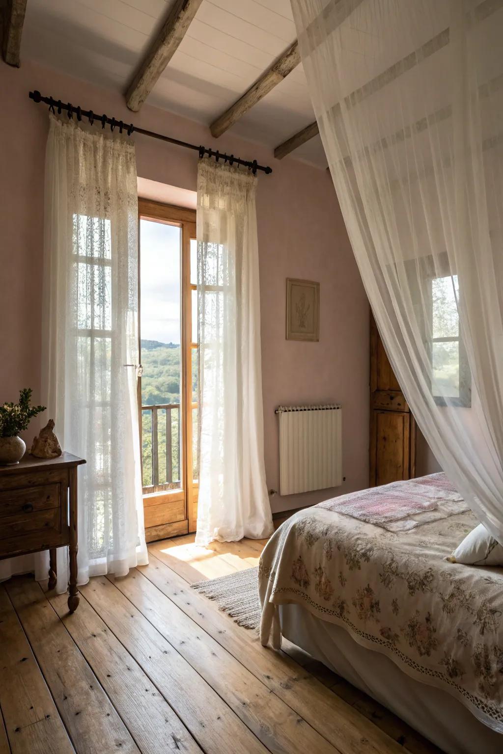 Sheer curtains gently filtering light to create a serene farmhouse bedroom.