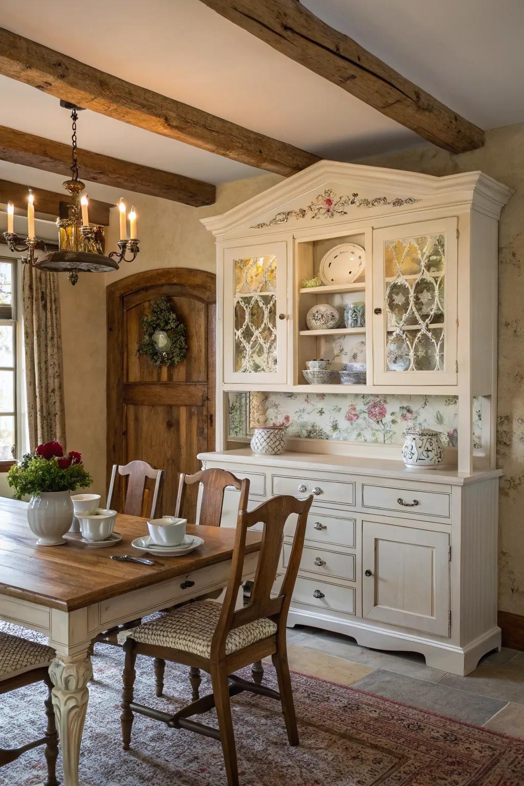 A charming hutch displays china and adds character to this farmhouse dining space.