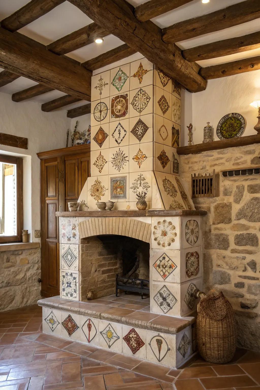 Eclectic block outlines appending uniqueness to a farmhouse fireplace.