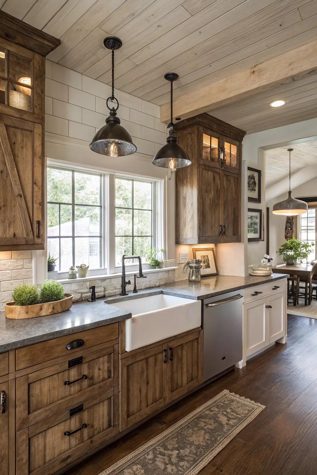 A fusion of modern and traditional components developing a distinctive farmhouse cooking space.
