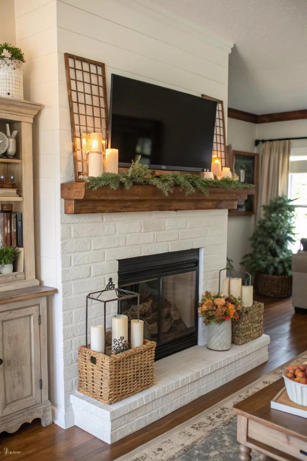 A farmhouse mantel beneath a TV, creatively styled with an unconventional decor layout.