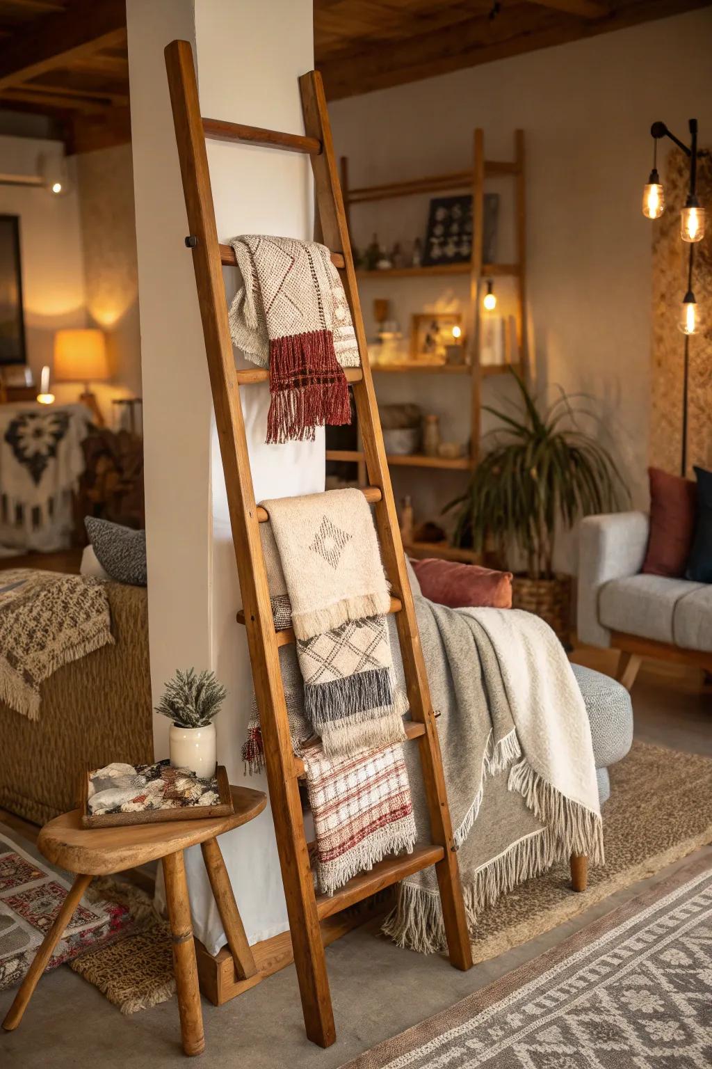 Layered fabrics add texture to a rustic ladder