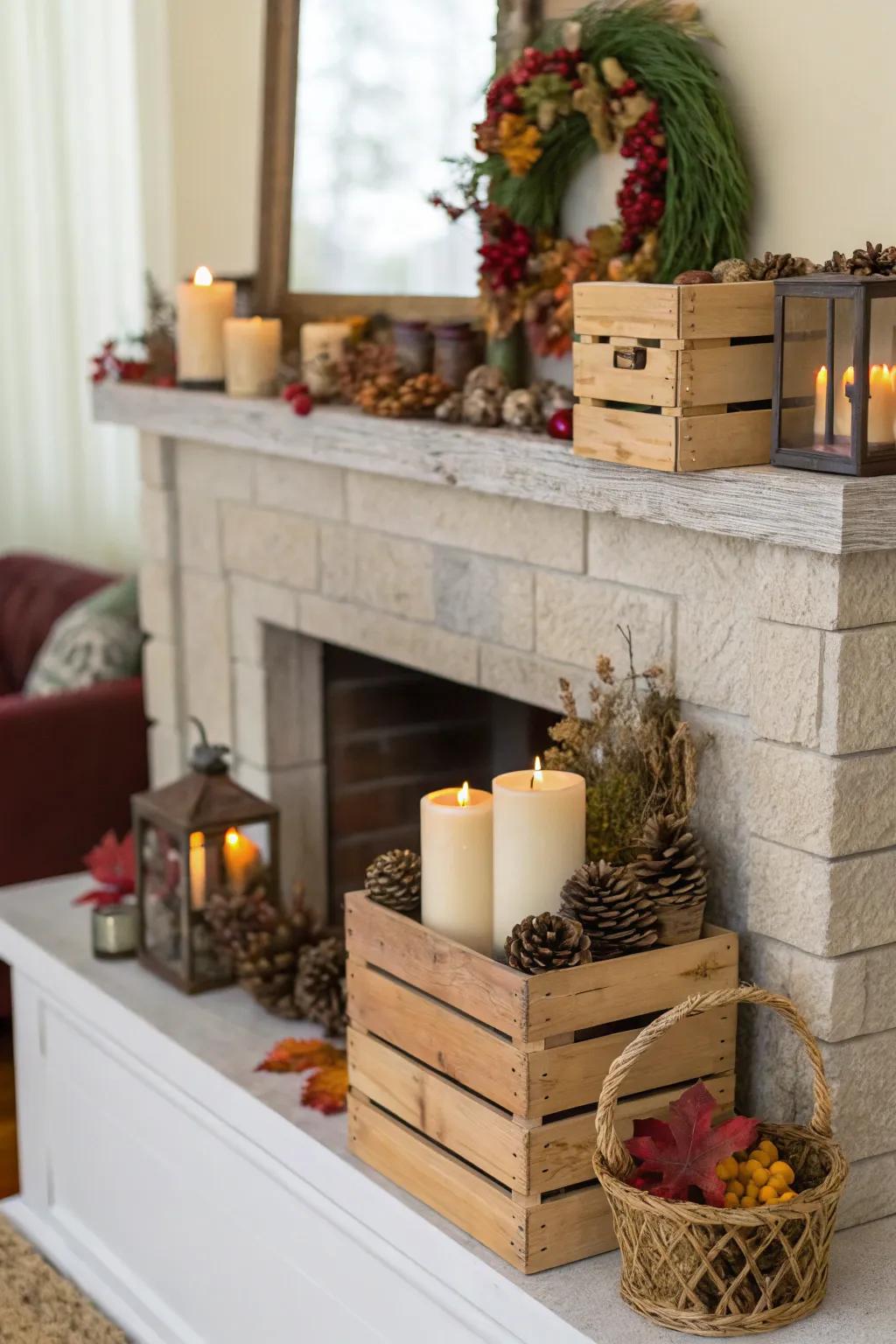 Design a cozy hearth display using boxes.