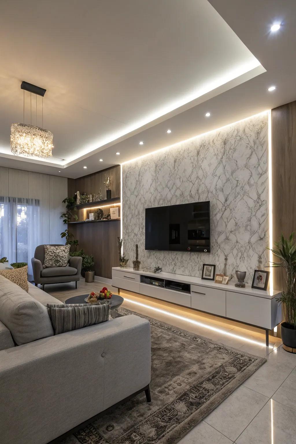 LED lighting enhances the ambiance of this living room.