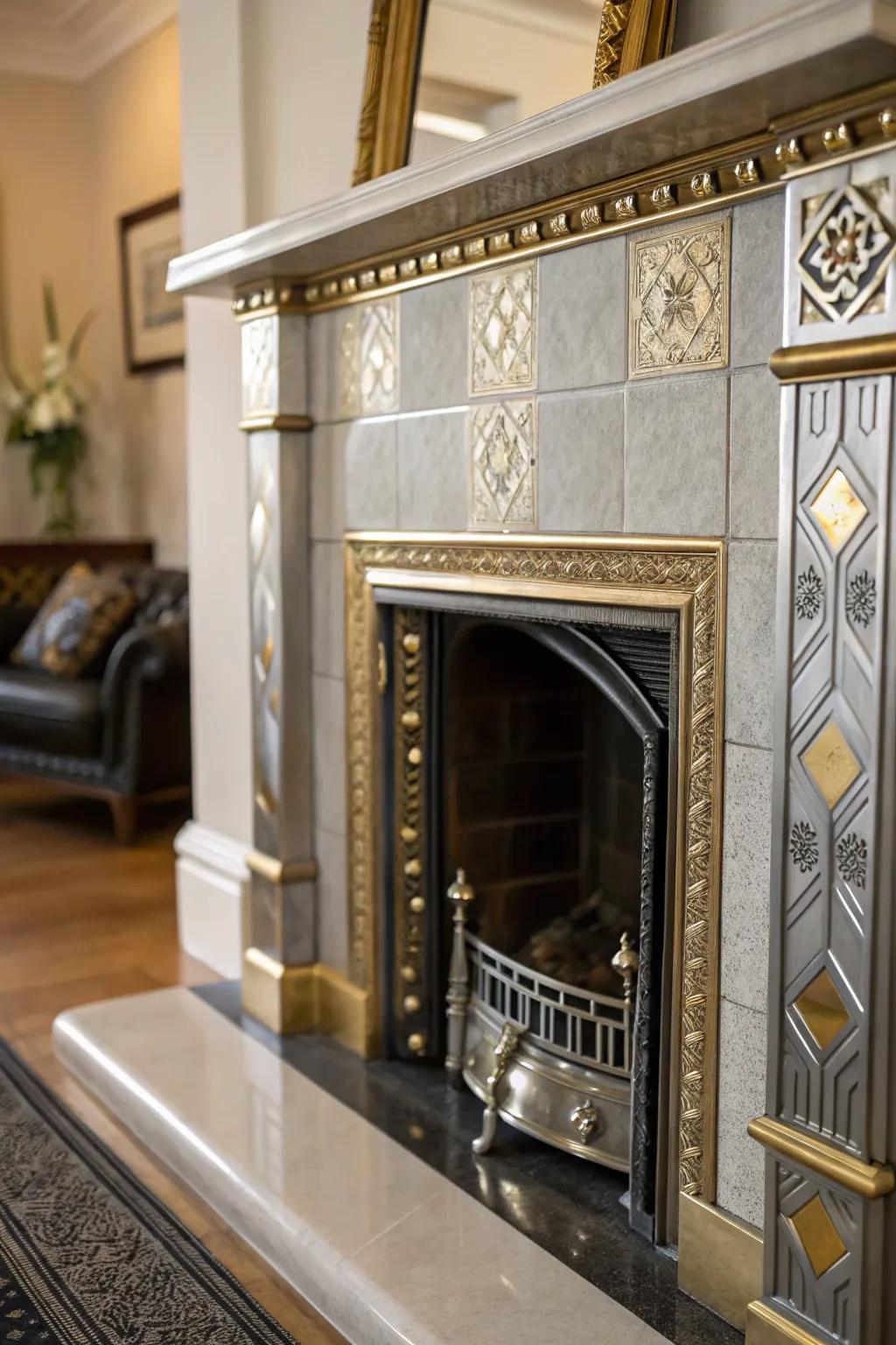 Metallic ornaments add charm and sophistication to the fireplace.
