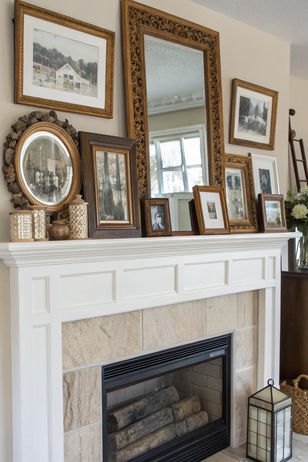 Layered decor adding depth and dimension to the mantel