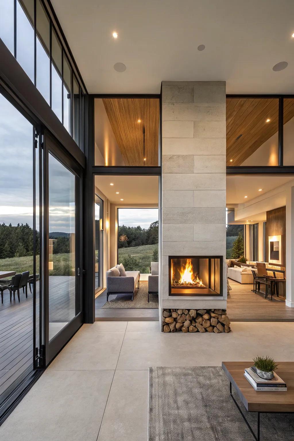 Enhance your home's movement with a dual-facing fireplace.