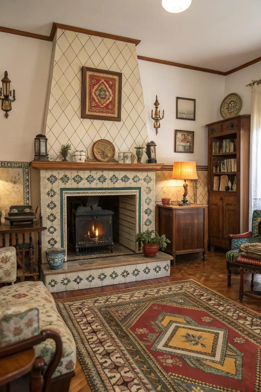 Vintage finishes instill sentimental charm into this fireplace design.
