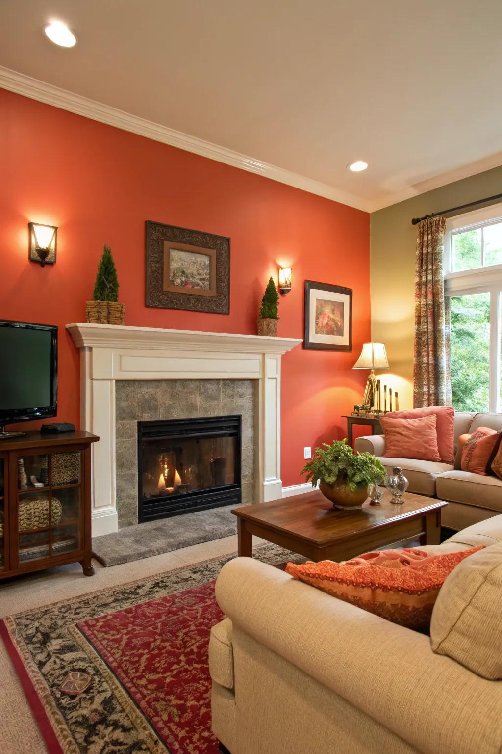 A burst of hue upon the fireplace wall infuses dynamism into the quarter.