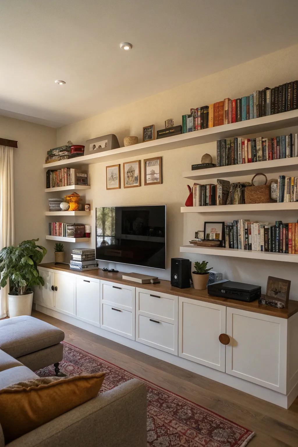 Create a multifunctional space with books and media.