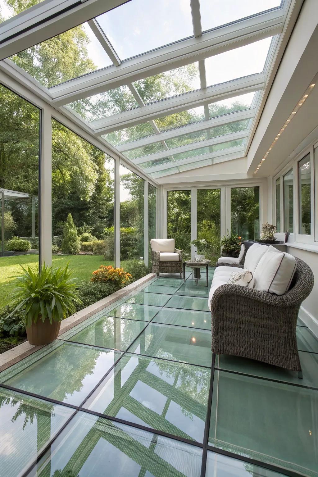 Unique sunroom featuring clear flooring and garden outlook.