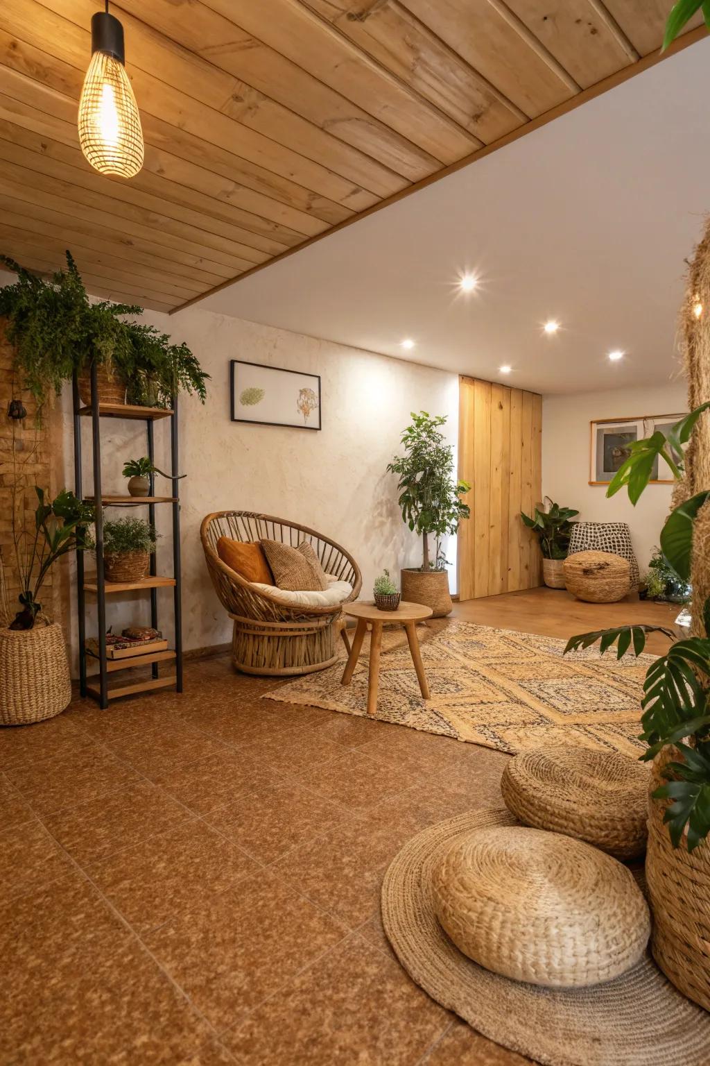 Tree bark flooring mixes green style with cozy charm.