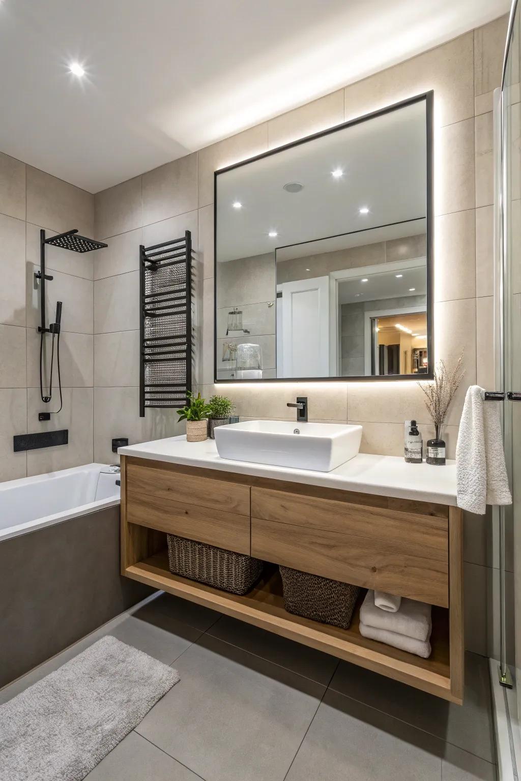 Suspended counters craft a modern and spacious feel.