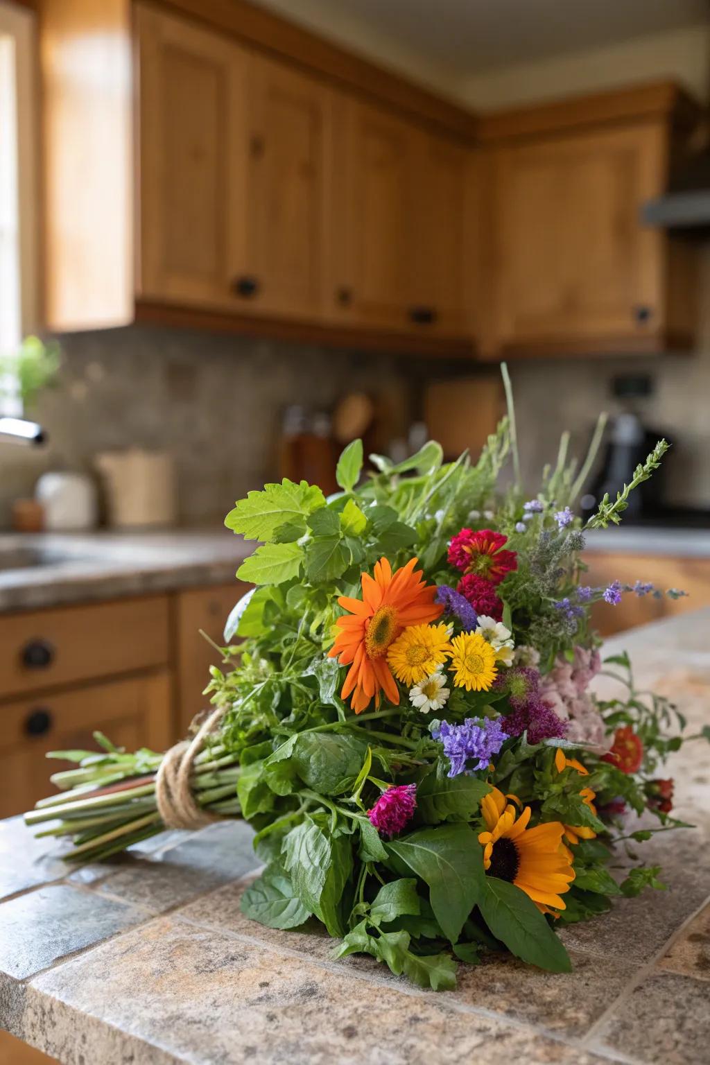 An edible bouquet adding fragrance and beauty to a rustic kitchen.