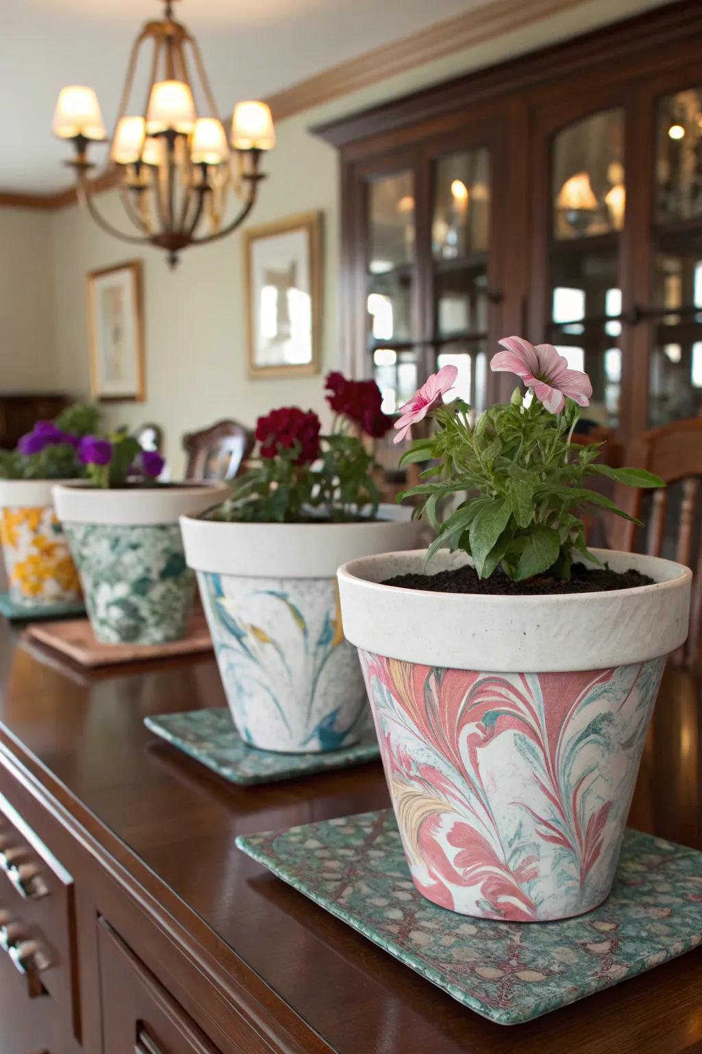 Enhance your interior with elegant marbling designs on flower pots.