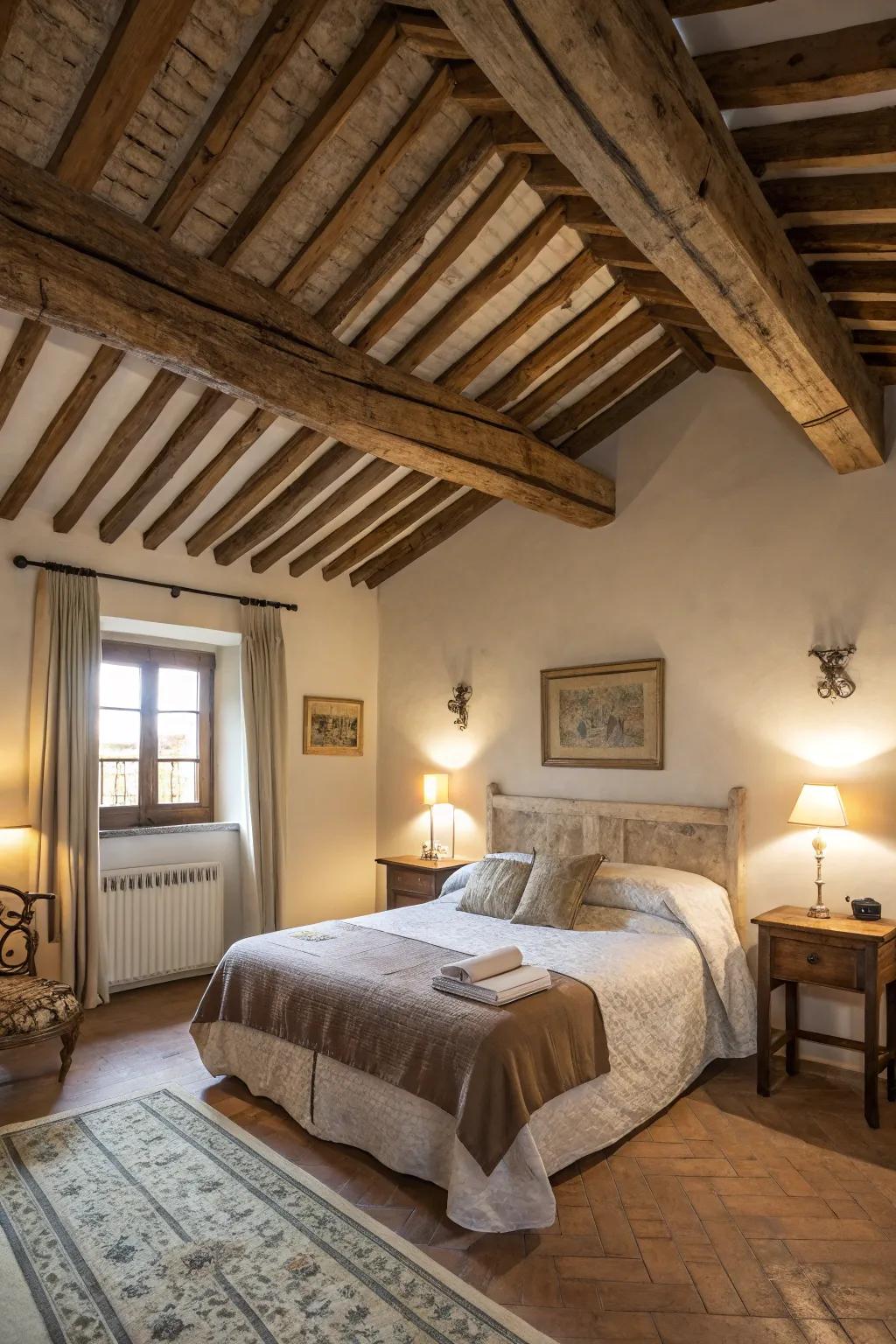 Wood beams add character and rustic charm.