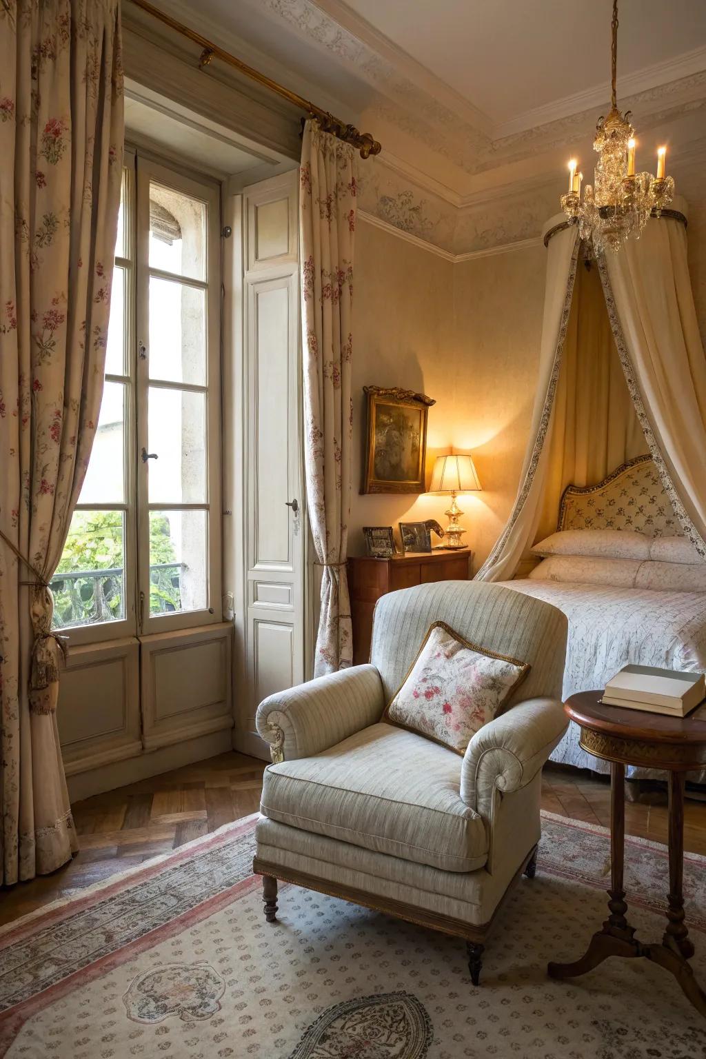 A cozy spot for reading invites relaxation in this French boudoir.
