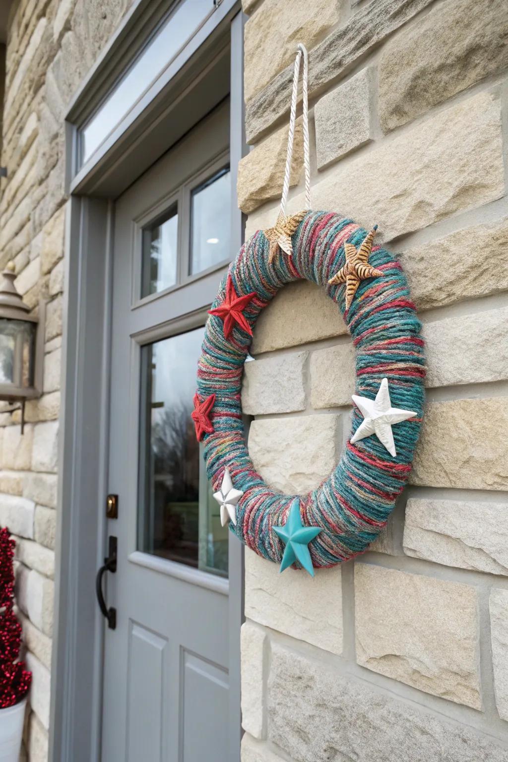A warm and textured patriotic yarn wreath.