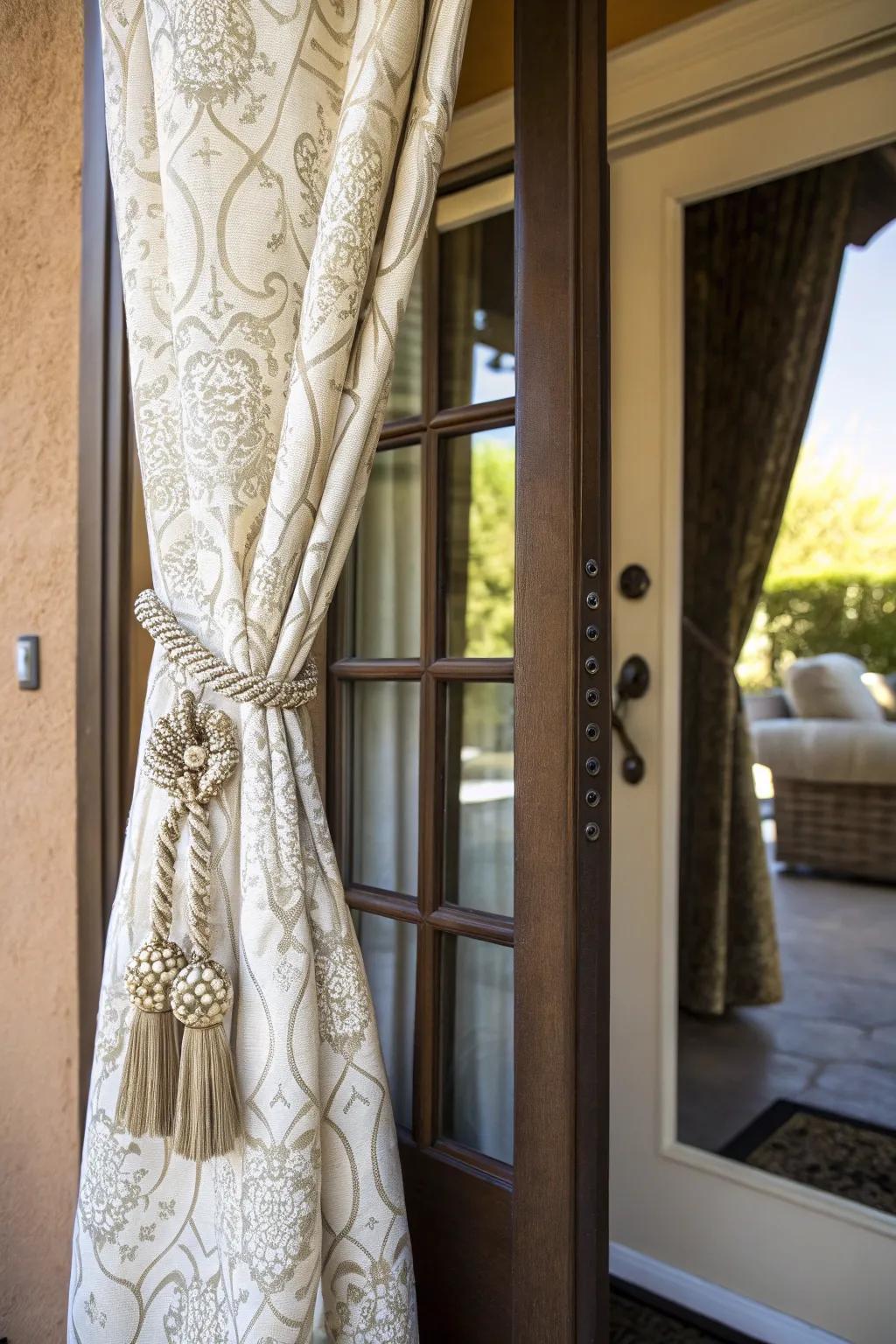 Unique fasteners incorporating an individual touch to front door curtains.