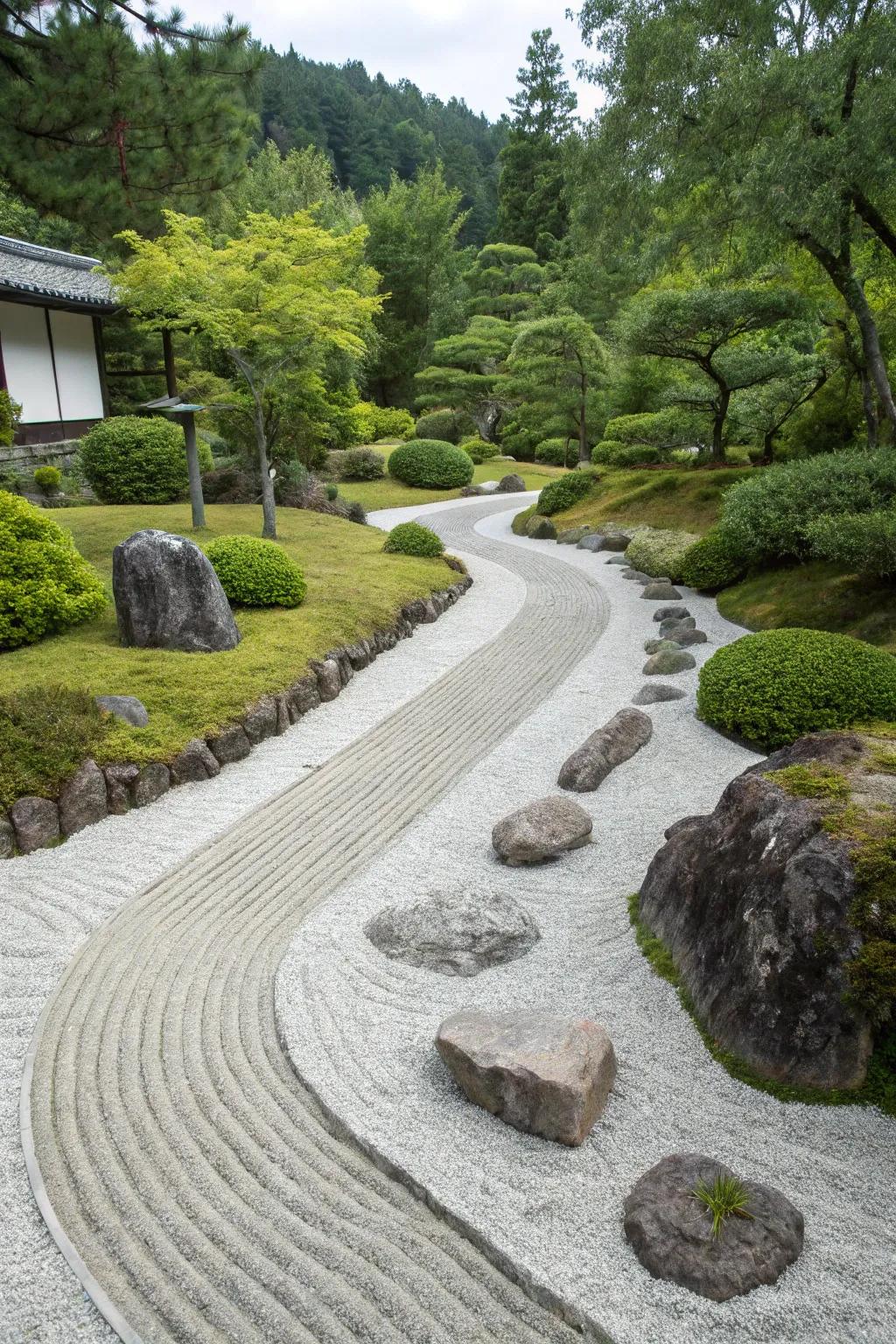 A serene Zen garden path leading to a tranquil home entrance.