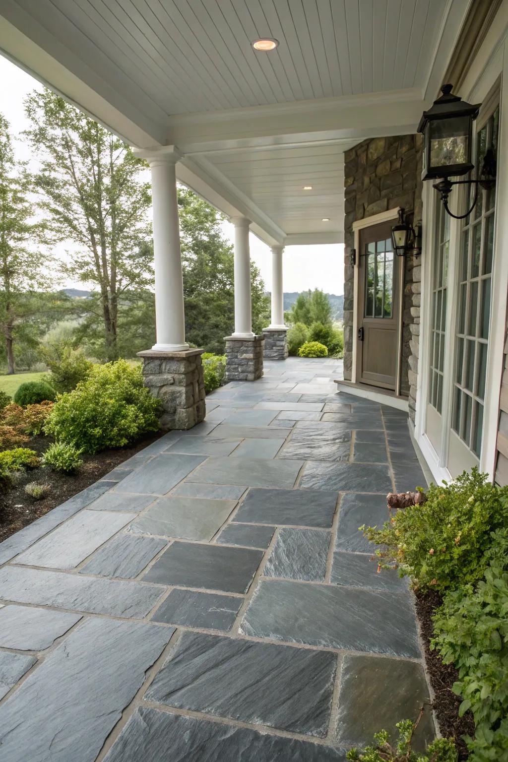 Thin stratified rock flooring grants an upscale and cultured porch visual.