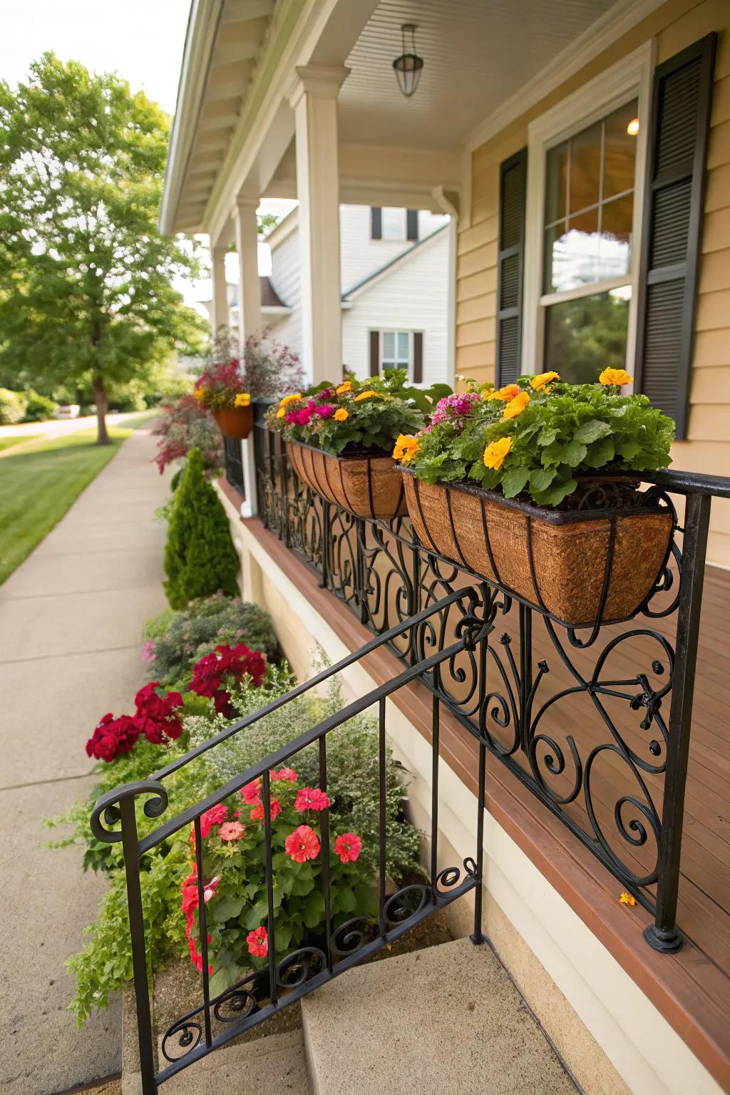 Planter boxes integrated into wrought iron railings for added greenery.