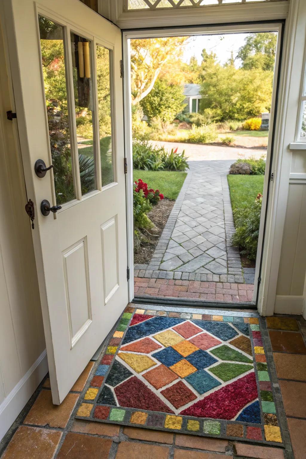 Mosaic stone mats extend a warm welcome.