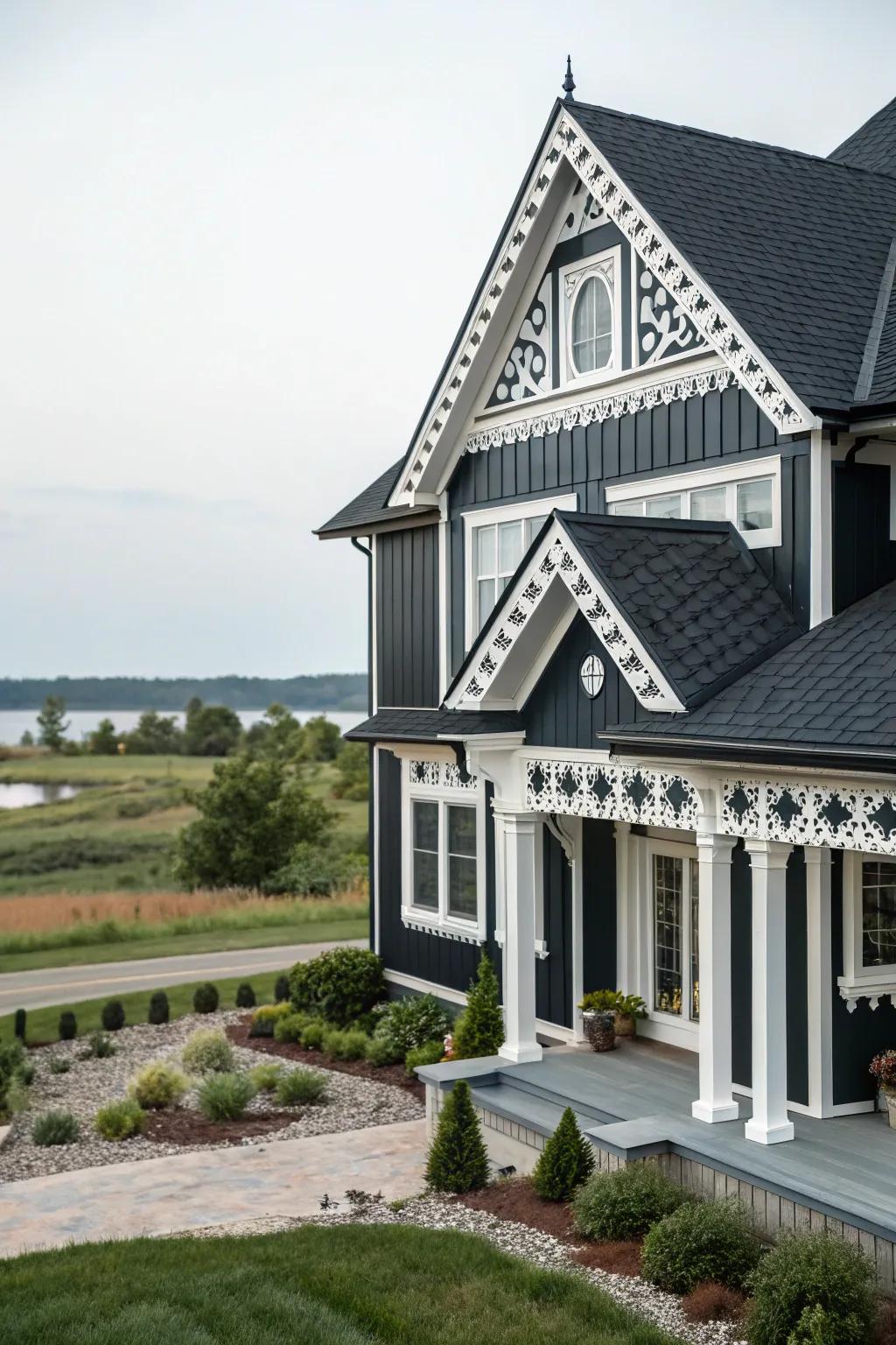 Monochrome gables evoke dramatic sophistication.